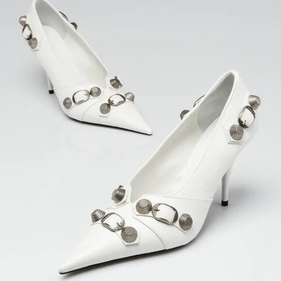 NWT Balenciaga Cagole Pointed Toe Pumps 90mm White Leather Stiletto Heels Sz 41 - Picture 2 of 9